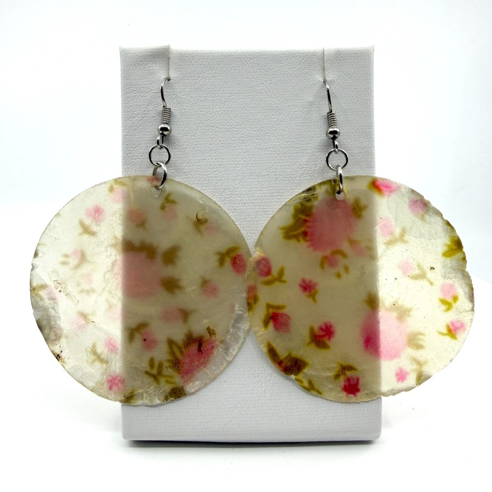 Floral Print Translucent Disk Dangle Earrings Boho Cottagecore Lightweight Chic
